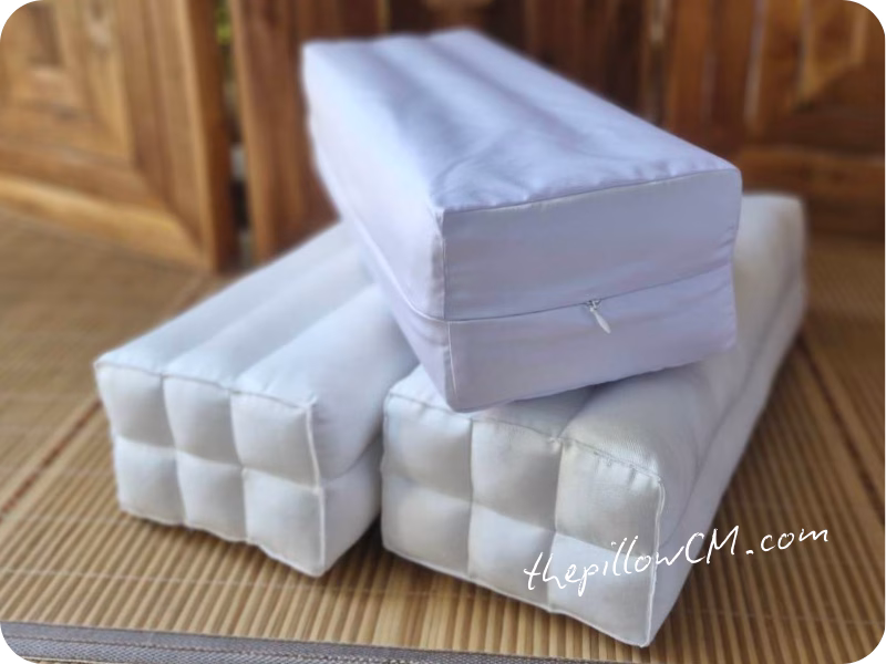 ซูมใกล้ ด้านล่าง 2 ใบ คือไส้หมอนที่ยัดด้วยนุ่น ใบบน คือปลอกที่เราเย็บด้วยผ้ากันไรฝุ่น ติดซิปยาวถอดซักได้ค่ะ