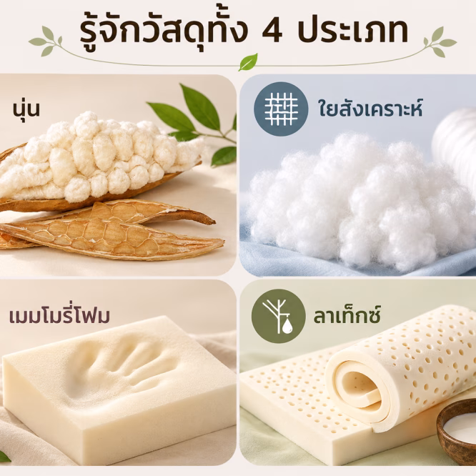 4materials 1 10 เบามากที่สุดในบรรดาวัสดุทั้ง 4 ระบายความร้อนได้ดี เหมาะกับอากาศร้อน วัสดุธรรมชาติ ย่อยสลายได้ ราคาเข้าถึงได้ง่าย ปรับความนุ่ม-แน่นได้โดยเพิ่ม-ลดไส้
